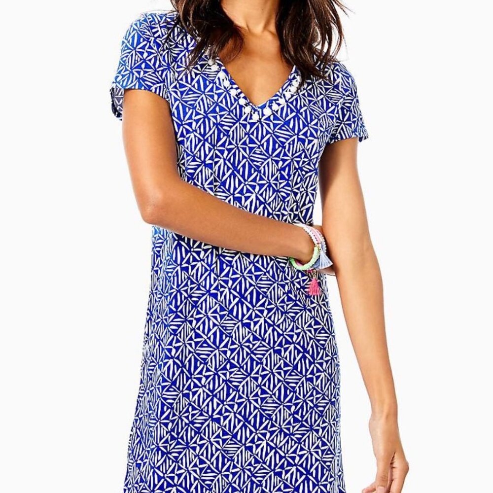 Lilly Pulitzer Etta V-Neck Pom Pom Dress in "Corsica Blue Easy Peasy" print
